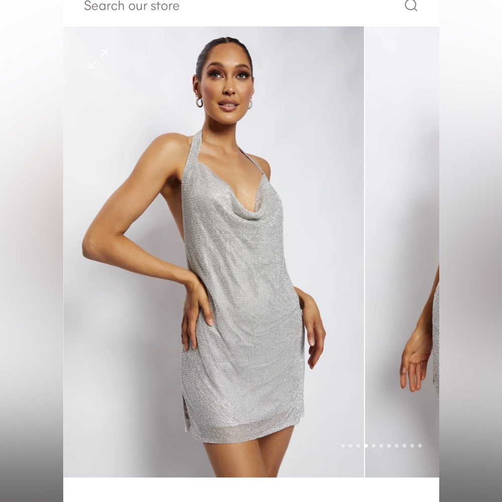 Pre-Owned Low Back Diamante Mesh Mini Dress - Silver